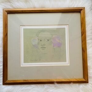 Art Orignal Signed Hawaiian Style Women Portrait with Wooden Frame 1980